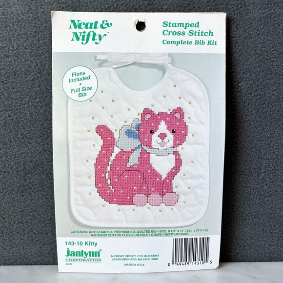Neat & Nifty Janlynn Quilted Baby Bib Stamped Cross Stitch Kit-Pink Kitty 143-10 - Picture 1 of 5